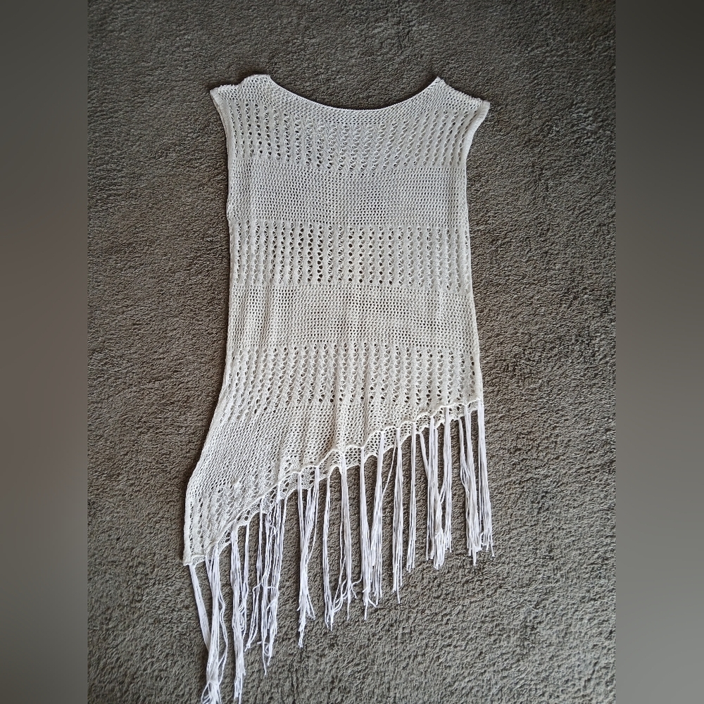 Ivory White Asymmetrical Boho Crochet Knit Fringe Midi Dress Size Large